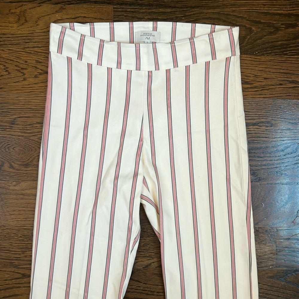 Ankle Crop Striped Stretch Pants - Cream with Pink Stripes